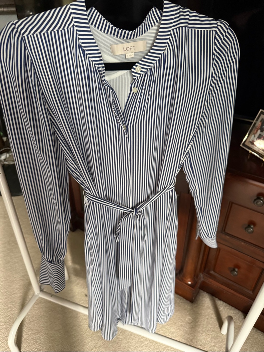 LOFT Navy & White Striped Tie-Waist Long Sleeve Dress - Picture 1 of 4